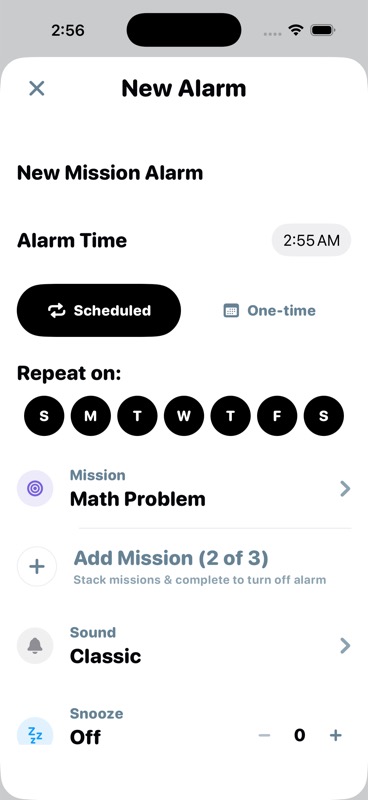 MornUp alarm setup screen from the iOS app