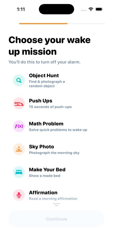 MornUp mission picker screen from the iOS app
